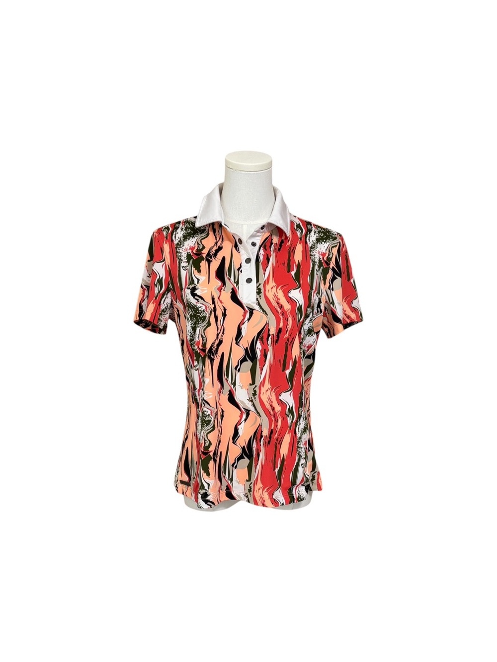 Chase54 Womens M Coral Olive Peach Abstract Print Stretch Golf Polo Shirt Sporty